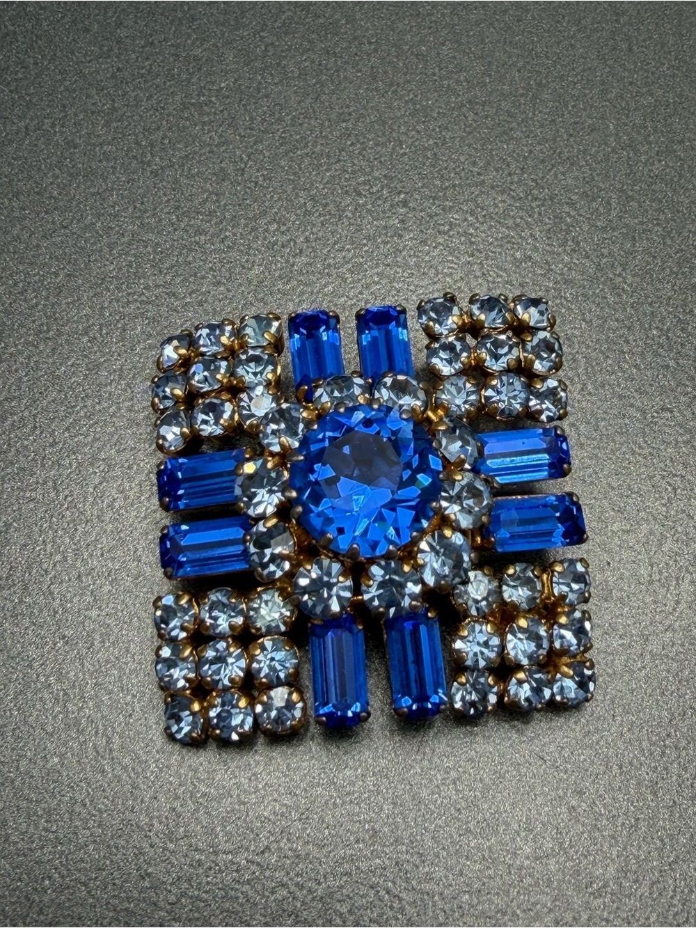 Vintage Blue Rhinestone Square Brooch #cz60